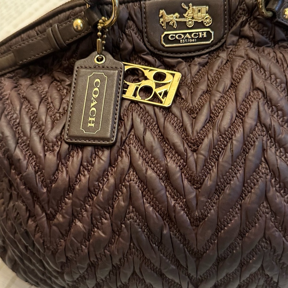 Coach Brown Shoulder Bag with Quilted Design and Gold Hardware